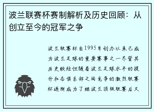 波兰联赛杯赛制解析及历史回顾：从创立至今的冠军之争